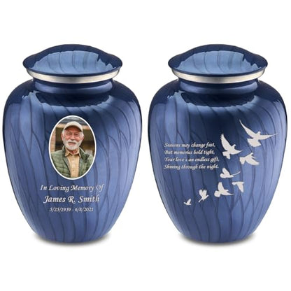 Embrace Adult Personalized Doves Cremation Urns for Human Ashes I Large Picture Pearl Cobalt Blue Funeral Urn for Adult Men and Women with Double Side Engraving I 200 lbs - color: _Pearl Cobalt Blue (Double Sided)