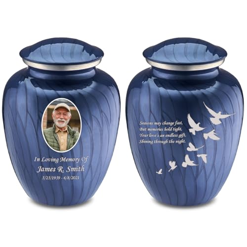 Embrace Adult Personalized Doves Cremation Urns for Human Ashes I Large Picture Pearl Cobalt Blue Funeral Urn for Adult Men and Women with Double Side Engraving I 200 lbs - color: _Pearl Cobalt Blue (Double Sided)