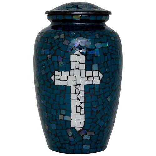 Mosaic Glass Cremation Urn - Hand Made Funeral Urn for Human Ashes - Large Adult Size Burial Urn - Hand Applied Individual Tiles Create a one of a Kind Work of Art - 200 cu in (Deep Blue Cross) - color: Deep Blue Cross