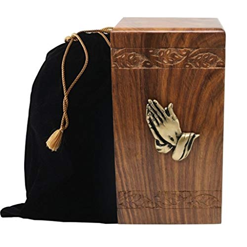 Handcrafted Cremation Urn for Ashes, Adult Urn, Affordable and Elegant Wooden Urn with Free Velvet Bag (Praying Hand) - color: Praying Hand