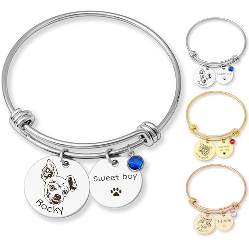 Anavia Personalized Pet Portrait Bangle Bracelet, Handmade Pet Memorial Expandable Charm Bracelet Jewelry Gift, Customized Round Disc Photo Engraved Dog Cat Bracelet for Animal Lovers - color: Silver, size: Small Bangle - 22+18mm Disc