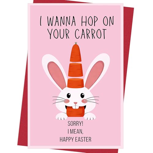 Funny Easter Card for Wife or Husband - 'Hop on Your Carrot' Flirty Joke Greeting Card with Envelope & Gold Seal - Cute Bunny Humor Gift Box Set for Boyfriend, Girlfriend, Husband, Wife - color: QY-44
