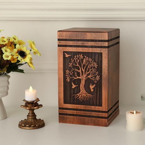 Wooden Cremation Urns for Human Ashes Adult Female Male, Handcrafted Solid Wood TSA Approved Tree of Life Urn for Ashes for Women with Bag, Full Size 300 Cubic Inches Urn (11.4” H)