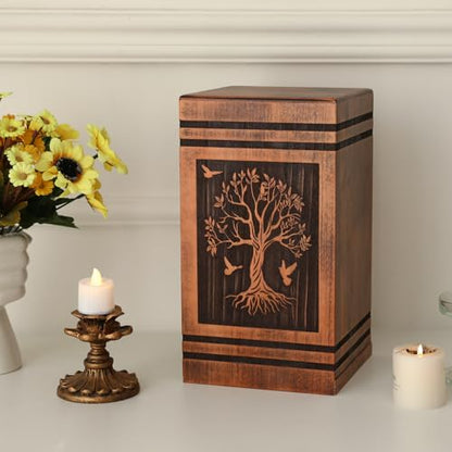 Wooden Cremation Urns for Human Ashes Adult Female Male, Handcrafted Solid Wood TSA Approved Tree of Life Urn for Ashes for Women with Bag, Full Size 300 Cubic Inches Urn (11.4” H)