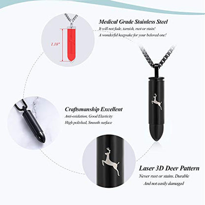 XSMZB Deer Bullet Cremation Jewelry Urn Necklace for Ashes Human Pet Bullet Ashes Keepsake Pendant Funeral Memorial Jewelry Gift - color: Black