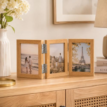 Collage Picture Photo Frames - 3.5x5, Triple Hinged 3 Desk Picture Frame, Wooden Desk Tabletop Family Photo Frame with Glass Opening, Decorative Folding Trifold Picture Frame Stand Vertical, Natural Wood - style: Collage Natural Wood 3-Fold,3×3.5"