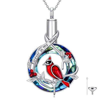 Urn Necklace for Women Sterling Silver Meaningful Memorial Jewelry | Paw Print/Butterfly/Dragonfly/Bird/Dolphin/Mountain/Tree of Life Urn Necklace for Ashes Cremation Keepsake Jewelry for Women - style: Crystal-Cardinal