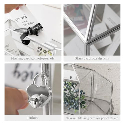 Wedding Glass Card Box with Slot and Lock, 10.2 x 6 x 8 Inch, Small Silver Geometric Cards Holder for Birthdays Party Reception, Wishing Well - Slot Length 6.3'' (Glass Box Only) - color: E-Small Silver Card Box 10.2''