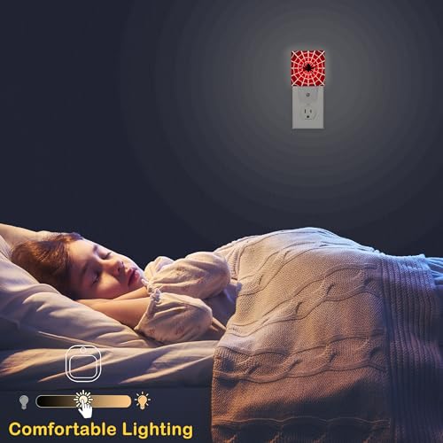 Red Spider Web Night Light with Dusk to Dawn Light Sensors, Plug-in Wall Led Night Lights, Energy Efficient Lamp for Bedroom/Bathroom/Kitchen/Hallway/Stairs - color: Red Spider Web