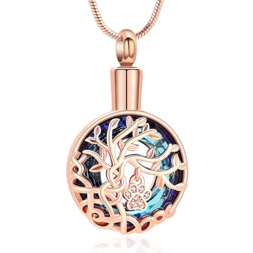 zeqingjw Pet Cremation Jewelry Tree of Life Urn Necklace for Ashes for Dog/Cat Funeral Ashes Keepsake Paw Print Urn Pendant Memorial Jewellery - color: Rose Gold-Blue