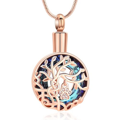 zeqingjw Pet Cremation Jewelry Tree of Life Urn Necklace for Ashes for Dog/Cat Funeral Ashes Keepsake Paw Print Urn Pendant Memorial Jewellery - color: Rose Gold-Blue