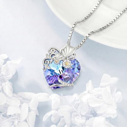 Dove/Hummingbird/Red Cardinal/Dragonfly/Butterfly Necklace 925 Sterling Silver Turquoise/Opal/MoonStone/Crystal/Malachite Bird Necklace Dove Pendant Jewelry for Women Men - color: Butterfly Crystal