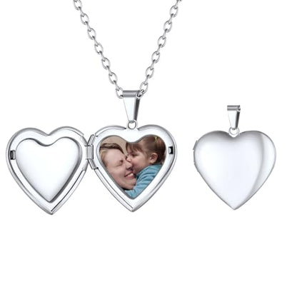FindChic Locket Necklace for Women Custom Photo Memorial Gifts Multi-Shaped - color: Silver- Polished Heart
