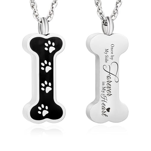 Gredstar Paw Print Urn Necklace for Pet Ashes, Bone Shaped Memorial Pendant | Stainless Steel, Screw Closure, with Funnel & Box, Holds Ashes, Engraved "Once by My Side Forever in My Heart" on Back