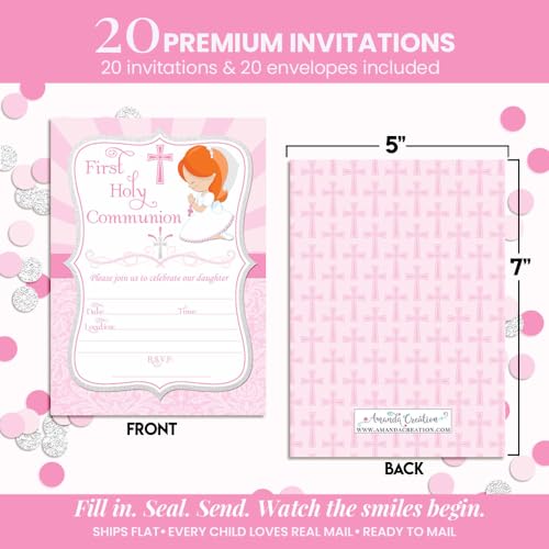 First Holy Communion Religious Party Invitations for Girls (Light Skin, Red Hair), 20 5x7 Fill In Cards with Twenty White Envelopes by AmandaCreation - style: Light Skin, Red Hair Girl