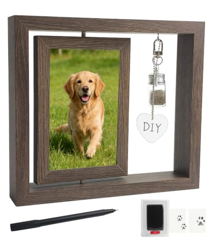 Dog Memorial Gifts for Loss of Dog, Pet Rotating Photo Frame | Wooden Frame for 4x6" Photo Double Sided, with Fur Jar, Pet Paw Print Kit , Keepsake Sympathy Gift for Dog or Cat