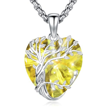 Eusense Tree of Life Necklace for Women Men Sterling Silver 925 Tree Urn Locket Cremation Jewelry Family Tree Pendant Gifts for Her Him Mom Dad Grandma Daughter - style: E-G-Tree of Life Necklace 11-Citrine