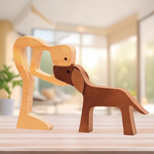 DOPTIKA Wooden Man and Dogs Figurines Home Decor, Wood Pet Carving Gifts for Men, Dog Statue for Bedroom Office Bookshelf Decor, Wooden Dog Memorial Gifts for Loss of Dogs