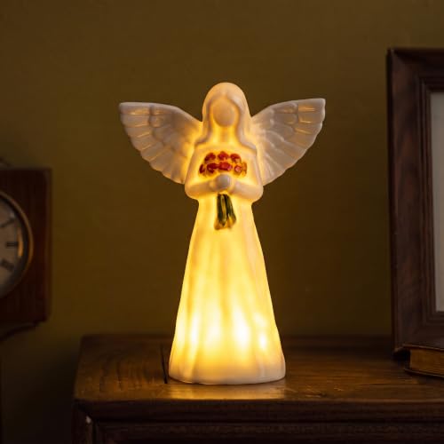 Riakrum Ceramic Flowers Guardian Angel Night Light Willow Messenger | LED Ceramic with Wings and Holding Flowers, Faith Decor for Sympathy Gifts, with Lighting Gift for Birthday - style: Flowers
