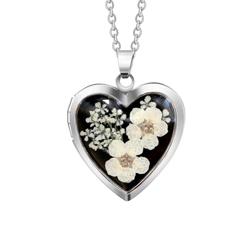 Handmade Heart Shaped Dried Pressed Forget Me Not Flower Photo Locket Pendant Necklace - color: Silver, style: White+Black