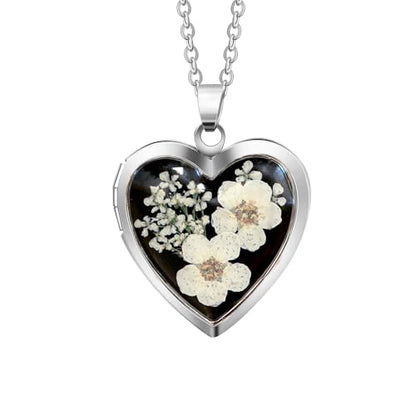 Handmade Heart Shaped Dried Pressed Forget Me Not Flower Photo Locket Pendant Necklace - color: Silver, style: White+Black