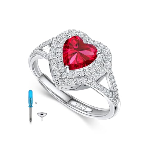 AOBOCO Sterling Silver Heart Birthstone Cremation Ring Holds Loved One's Ashes, Heart Urn Ring for Women, Memorial Keepsake Embellished with Austrian Crystals size 6-9 Adjustable Ring - color: 07-ruby-Jul