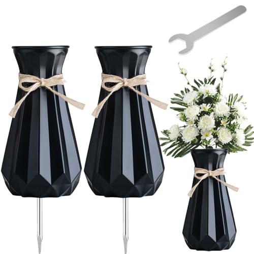 2PCS Cemetery Vases for Grave-Durable Plastic Grave Vases Flower Holder with Metal Spikes Bow Decor for Cemetery Headstones, Outdoor Grave Decorations for Memorial Gifts for Loss of Loved One - Balck - color: Balck