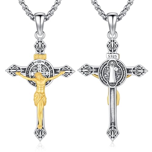 Crucifix Necklace for Men 925 Sterling Silver Jesus Cross Necklace Crucifix Cross Pendant Protection Jewelry for Men Women - style: B02-St Benedict