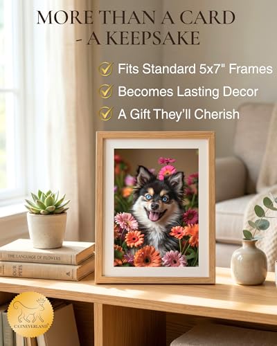 Pomsky with Flowers All Occasions Greeting Card - Dog with Flowers from Unique Dogs Party Delights Collection - Large 5x7 Inch - Blank Inside with A7 Invitation Style White Envelope | 5x7 Inch Card, Blank Inside, Premium Silk Cardstock, Made in USA by USA