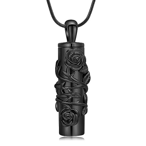 Cylinder Urn Necklace for Ashes Roseflower Cremation Jewelry Urn Ashes Necklace for Women Men Memorial Keepsake Necklace of Loved One - color: Black