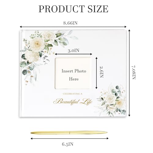 Funeral Guest Book for Memorial Service with Gold Pen and Table Sign Card