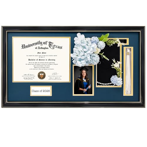 GraduationMall Class of 2026 Graduation Shadow Box Frame for 8.5x11 Diploma, 4x6 Picture with Cap & Tassel Holder, Black Wood Display Case with Navy Gold Mat - color: Black / Blue Gold Mat