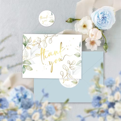 48 Pack Green Thank You Cards With Envelopes, Eucalyptus Leaves Thank You Card, Summer Wedding Bridal Appreciation Banquet, Baby Shower, Graduation Ceremony, Birthday Greeting Letter, Blank Cards and Envelopes 4x6 Inch - style: 48pcs - Gold Leaf