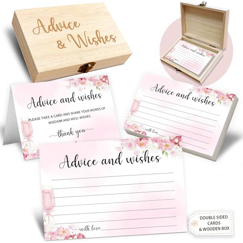 Advice and Wishes Cards Box, 50 Pcs Birthday Wedding Baby Shower Advice Cards, Well Wishes Box for Birthday Party Graduation Bridal Shower Retirement Party, Anniversary(Champagne) -B01 - color: Champagne, size: Set with Wooden Box