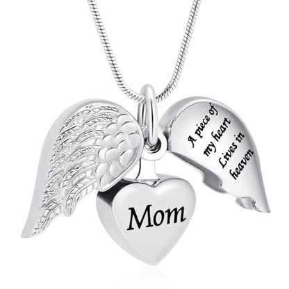 Cremation Jewelry Heart Urn Necklace for Human Ashes for Women Men A Piece of My Heart Lives in Heaven Memorial Ashes Keepsake Pendant - color: Silver-Mom