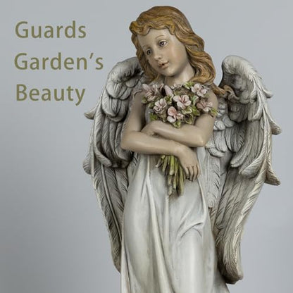 Grace4Joy Garden Angel Statue Outdoor Decor - 19.3 Inches Guardian Angel Resin Figurine with Flowers, Hand Painted Religious,Fairy Sculpture for Home Yard Patio Lawn Hallway