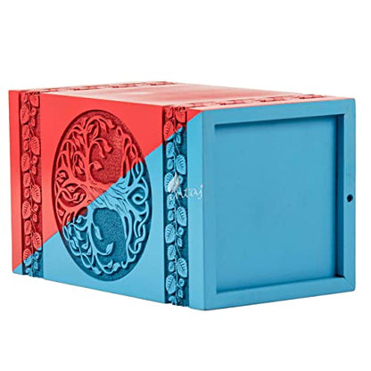 Wooden Cremation Urn for Human Ashes, 640 Cu in, XX-Large, Blue & Red | Hand-carved wood, blue and red, screw-locked sliding base, engraving available, holds two adults, to 640 lb combined - color: Blue & Red, size: XL - 14Hx7.5W (640 Cu/In)