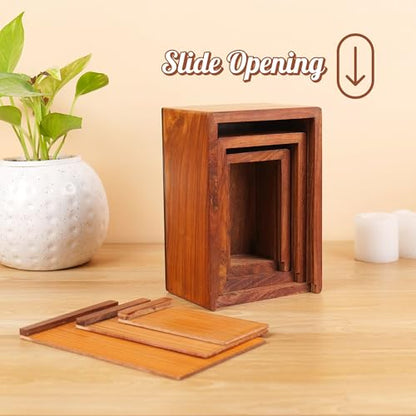 Hashcart Floral Wooden Cremation Urn Set of 3, 16/40/90 Lbs | Sheesham Rosewood, Slide-Open Lid, Velvet Bags, Adult Male Female, Family Sharing