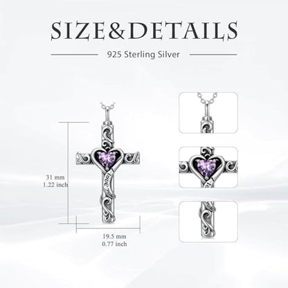 TOUPOP Cross Urn Necklaces for Ashes Birthstone Cremation Jewelry 925 Sterling Silver Cross Memorial Keepsake Jewelry for Women (with Funnel Filler) - color: 02-February-Amethyst