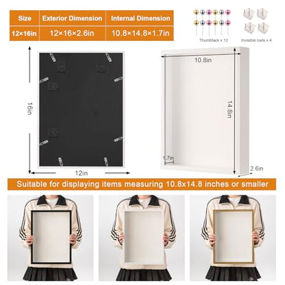 12x16 Large Shadow Box Frame with Thickened Acrylic Panel & Pins | With Push Pins, Deep 1.7" White Shadow Box Display Case – Display on Tabletop or Wall for Jersey, T-shirt, Keepsake, Wedding - color: White+high Definition Panel + Shatter-proof Packaging,