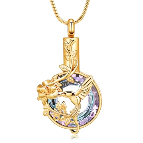 Hearbeingt Hummingbird Urn Necklaces for Ashes Cremation Jewelry for Women | Stainless steel,urn pendant, memorial necklace,ash holder for human pets,keepsake jewelry,bereavement gift,with filling tool - color: Hummingbird-Gold Purple