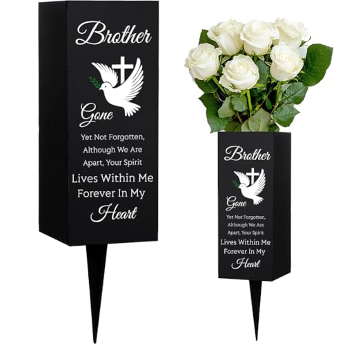 WEBEEDY Cemetery Vases Decorations for Grave Brother Metal Cemetery Flower Holder with Spike Pigeons Cross Forever in My Heart Grave Decor for Cemetery Funeral Father's Day Memorial Day,1 pc, 3x8Inch