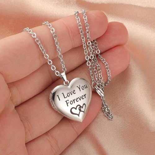 PHOCKSIN Personalized Locket Necklace for Women Photo Necklace with Customized Picture Birth Flower Birthstone Customizable Birthday Gifts - color: #16 Heart Silver Forever
