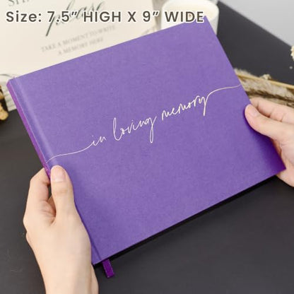 Funeral Guest Book for Memorial Service, in Loving Memory 9x7.5 | 320 Entries, Table Sign Card Included, Gold Stamping, Twill-Textured Paper Cover, Celebration of Life Keepsake, Purple - color: Purple