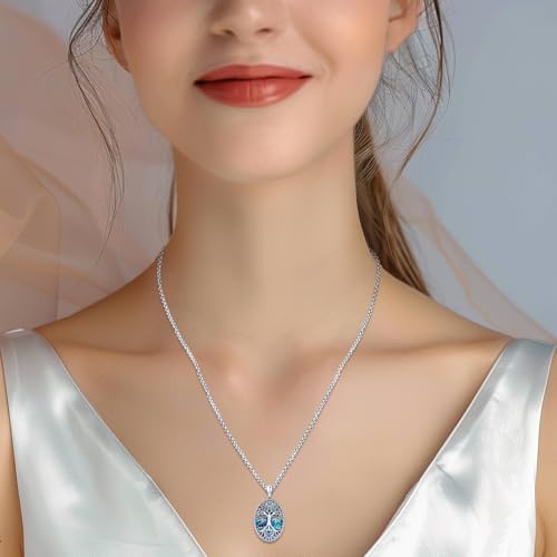 Sterling Silver Tree of Life Necklace for Women Oval Family Tree Necklace Abalone Shell Moonstone Pendant Mother Day Necklace for Mom Tree of Life Jewelry - style: Tree of Life