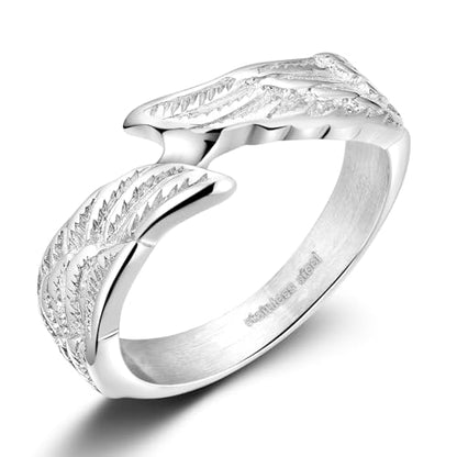 TIGRADE Antique Stainless Steel Ring Feather Angel Wing Cast Black Silver Band Size 4.5-14.5 - color: Silver