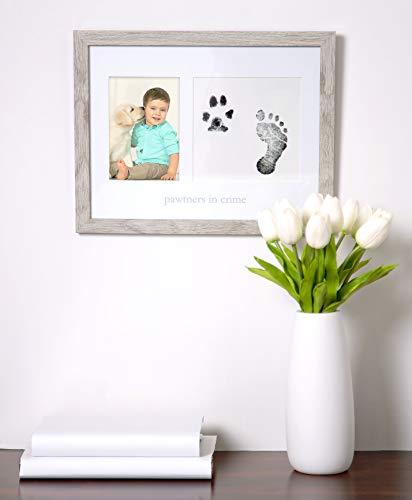 Kate & Milo Pawtners in Crime Baby and Pet Print Photo Frame | Baby Handprint or Footprint and Pet Pawprint Kit, Holds 4" x 6" Photo, Sawtooth Wall Display, Pet and Baby Keepsake - style: Pawtners in Crime Prints