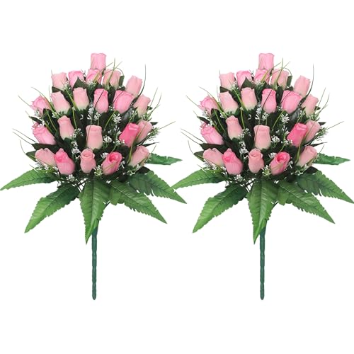 Artificial Cemetery Flowers - 2 Pack Silk Floral Displays for Headstone Decor, Weatherproof Memorial Rose Bouquets for Outdoor Gravesite Decor (Pink) - color: Pink