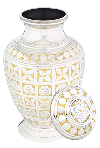 BOLD & DIVINE Cremation Urn for Human Ashes Adult Brass Funeral Urn |Metal Hand Engraving Large Urn | for Adults Display Burial at Home or in Niche at Columbarium (Silvery Shine/Golden Flower) - color: Silvery Shine / Golden Flower