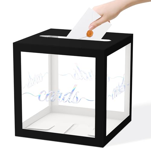 QISOLIY Black Clear Iridescent Card Box for Party 8.7" Wedding Card Boxes for Reception Holder Money Box for Birthday, Baby & Bridal Shower, Graduation, Retirement, Anniversaries Party Decoration - color: Black Clear Iridescent